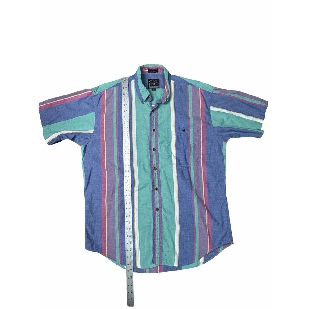 Vintage 90s Chaps Ralph Lauren Shirt L Men Color Striped Short Sleeve Crest Logo - Picture 6 of 9